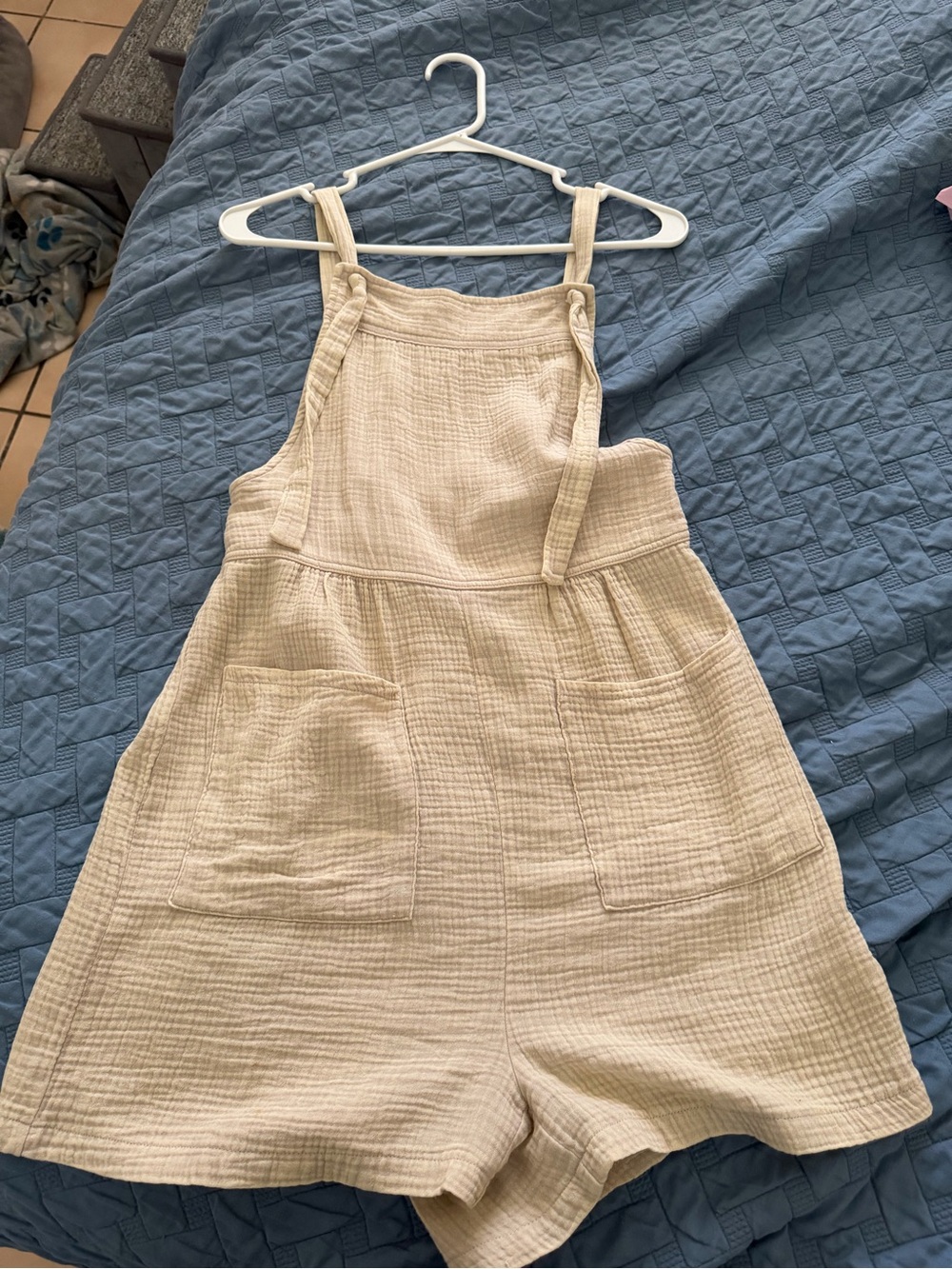 Women’s Cream Textured Cotton Gauze Romper Overalls